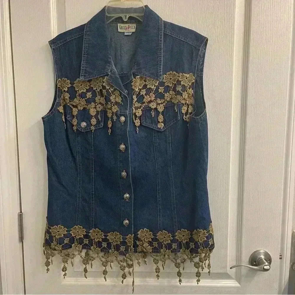 Denim Vest With Floral Knit Fringes